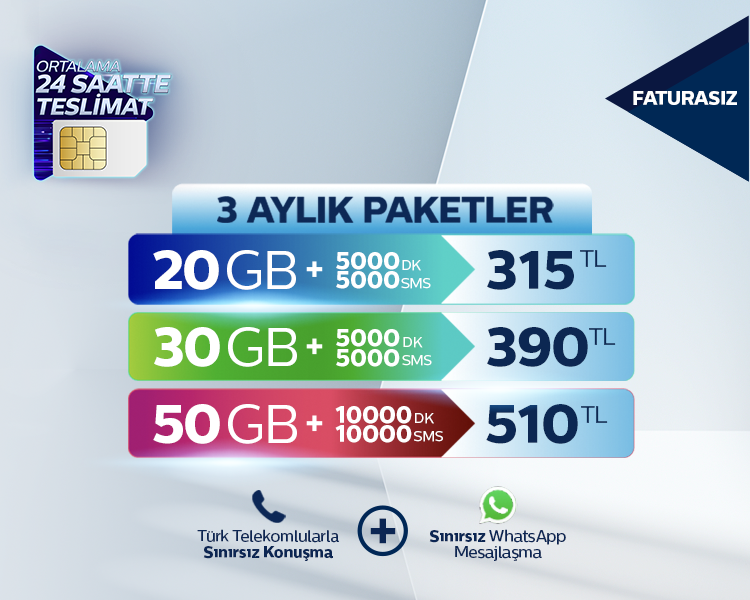 Yeşil arka plan üzerinde  türk telekomlularla sınırsız konuşma ve sınırsız whatsapp mesajlaşma avantajları olan faturasız 3 aylık paketler yer alıyor.