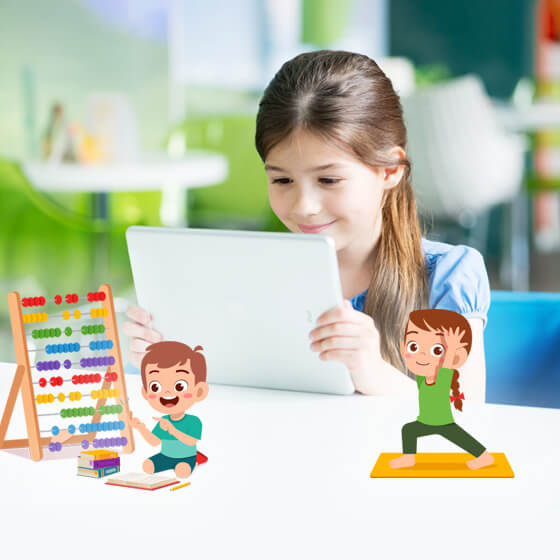 Masada bir abaküs , 2 çizgi film figürü ve tablet bilgisayarla oynayan bir kız bulunuyor