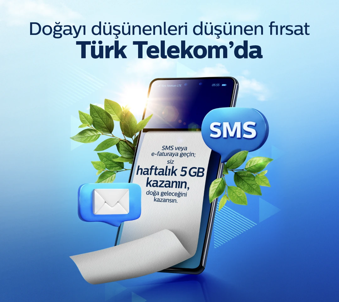 Mavi arka plan üzerinde Doğayı düşünenleri düşünen fırsat türk telekomda yazısının yanında bir telefon ve etrafında yapraklar 