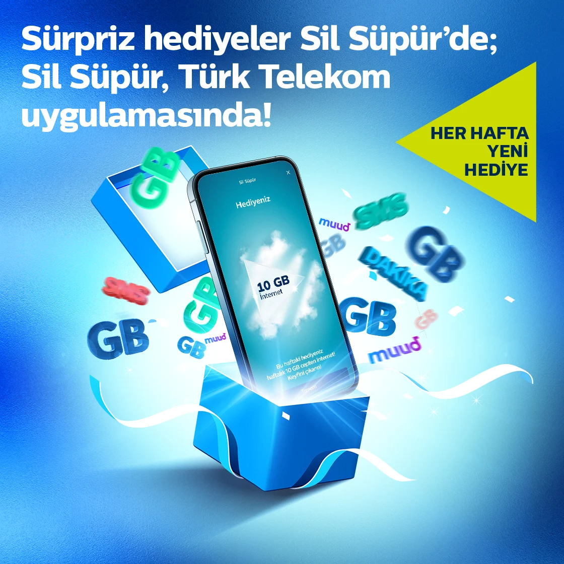 Sürpriz hediyeler sil süpürde sil süpür, türk telekom uygulamasında yazısının yanında kutudan çıkan bir telefon ve üzerinde 10G