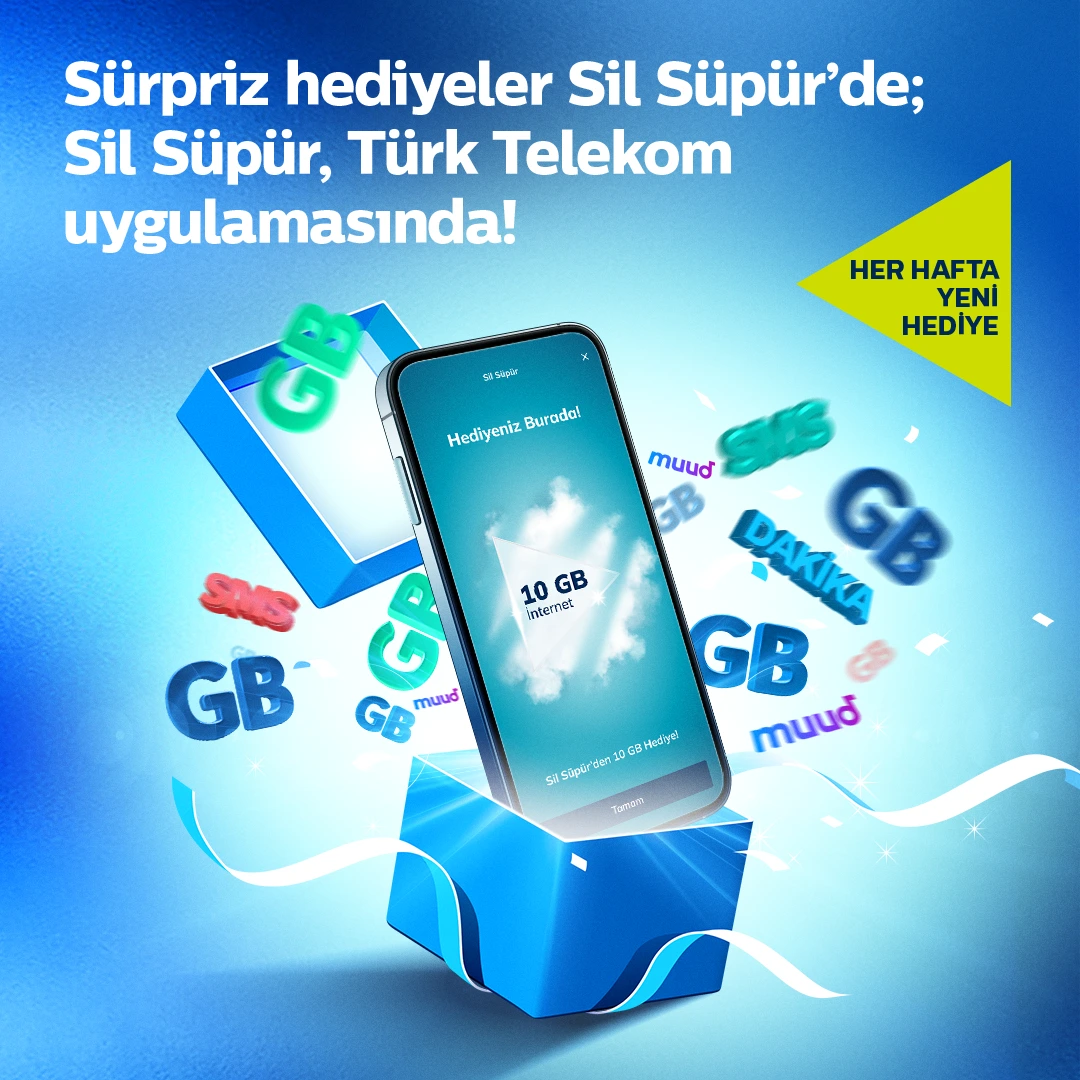 Sürpriz hediyeler sil süpürde sil süpür, türk telekom uygulamasında yazısının yanında kutudan çıkan bir telefon ve üzerinde 10G